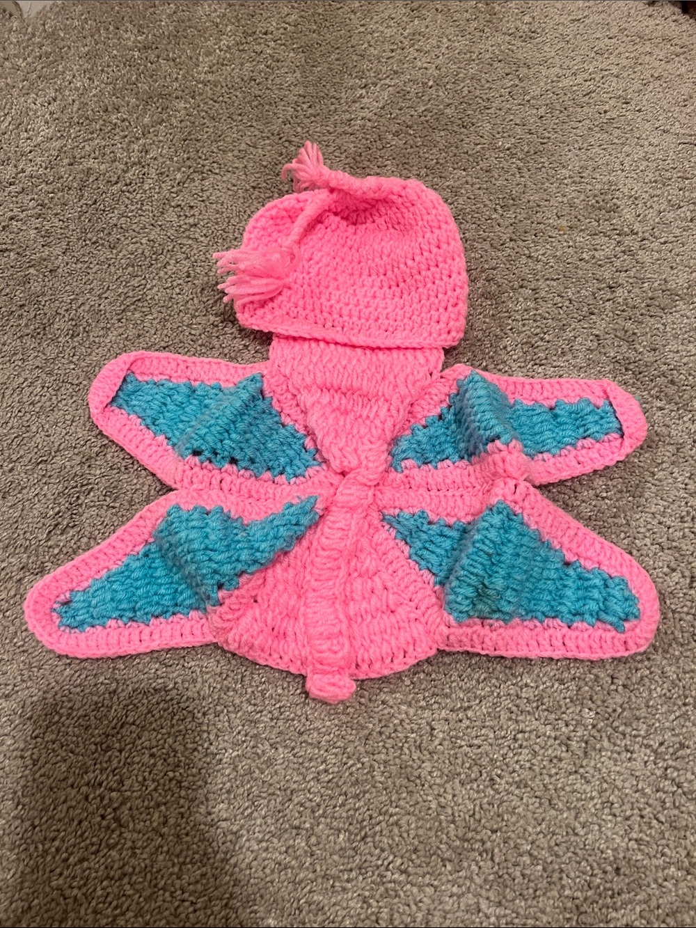 Handmade Pink and Teal Crochet Butterfly Cape with Attached Hat
